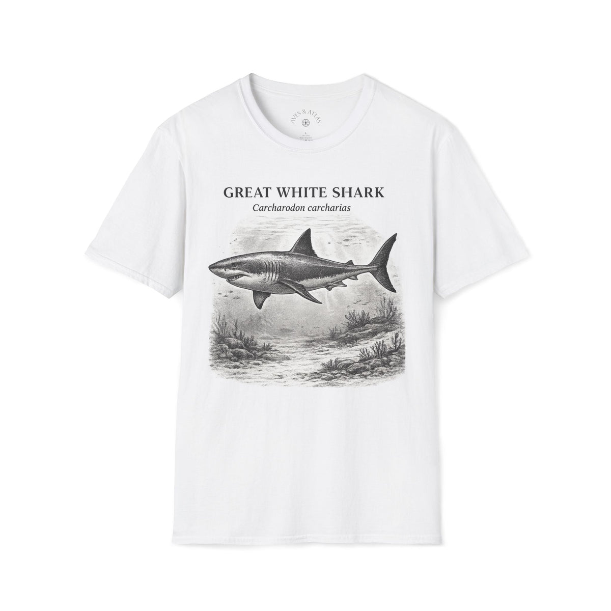 Great White Shark T-Shirt featuring a vintage natural-history illustration