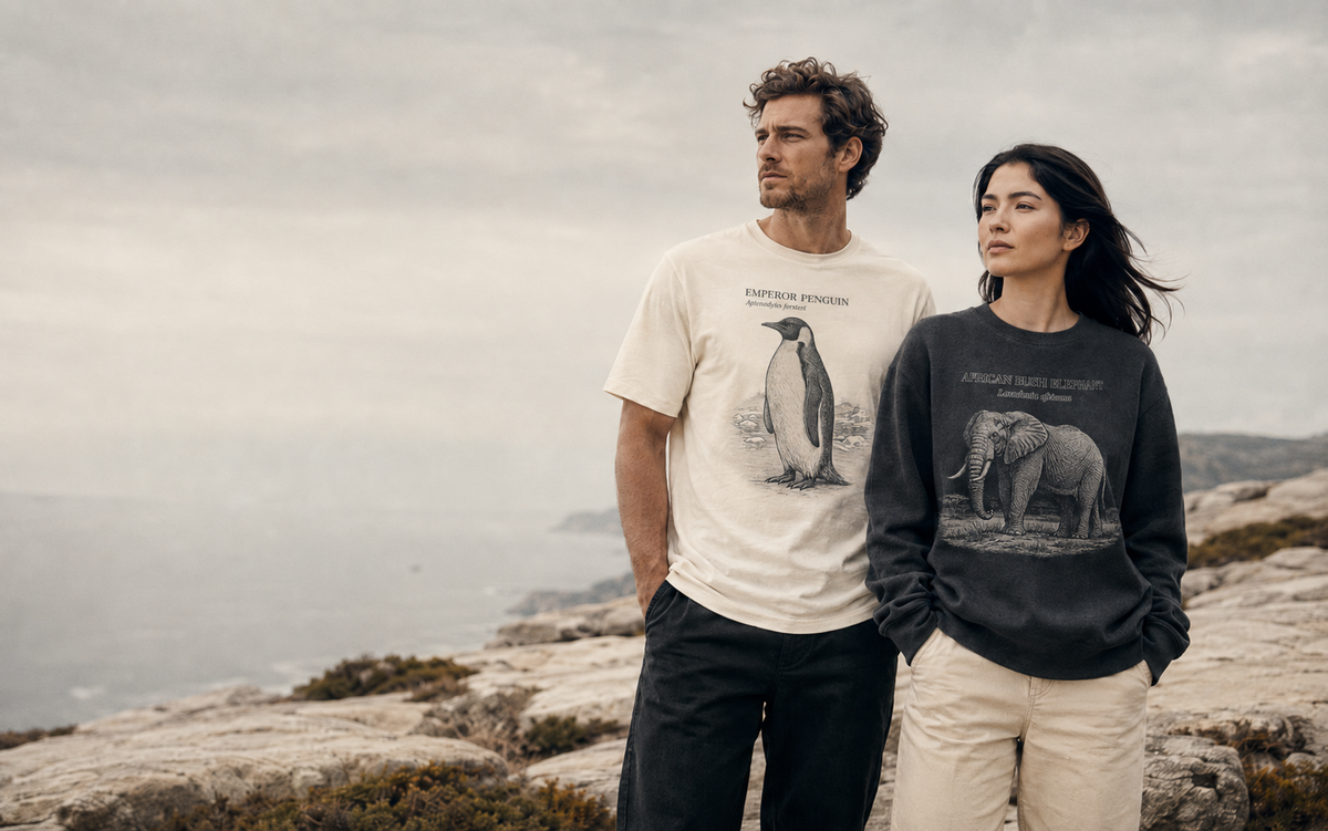Two adult models wearing vintage wildlife apparel on a misty coastal plateau